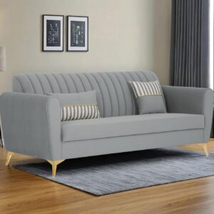 Home arham luster 3 seater premium velvet sofa – striped cushions